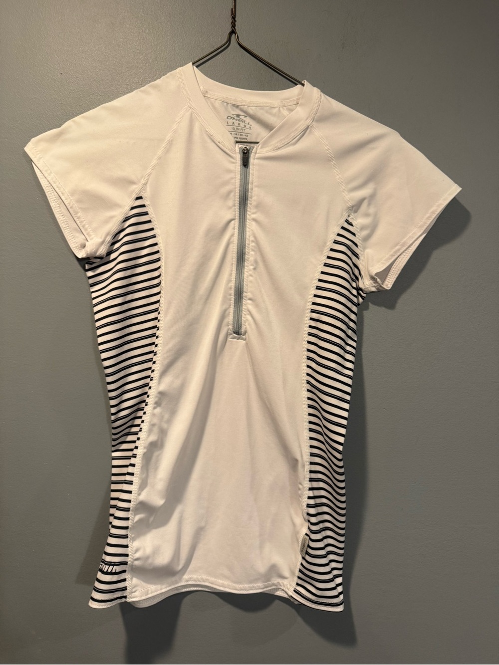 *O'Neill White Short-Sleeve Zip Rashguard with Black Stripe Panels
